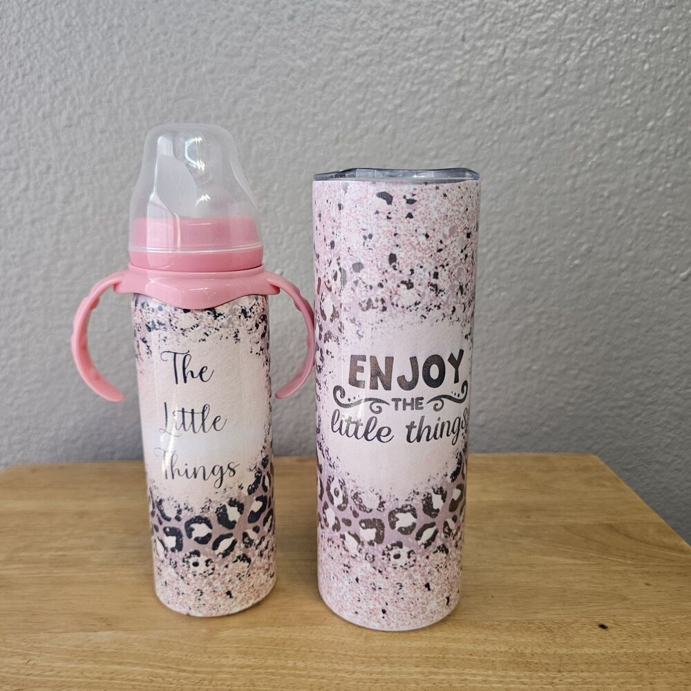 Matching Pink Leopard Tumbler & Baby Bottle Set “Enjoy the Little Things”